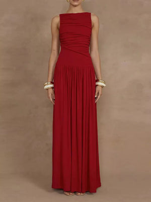 Deep Red ruched maxi dress with gathered neckline and flowing skirt.
