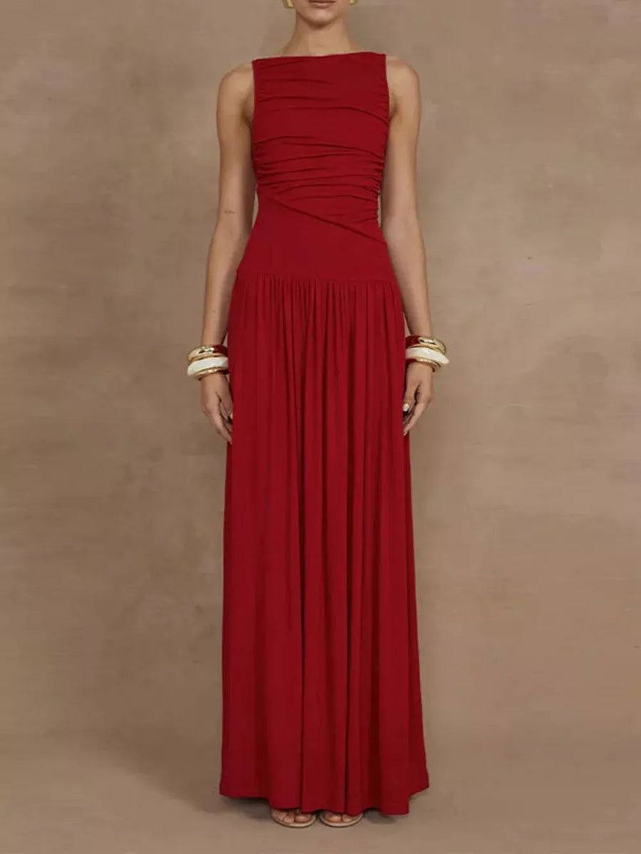 Deep Red ruched maxi dress with gathered neckline and flowing skirt.