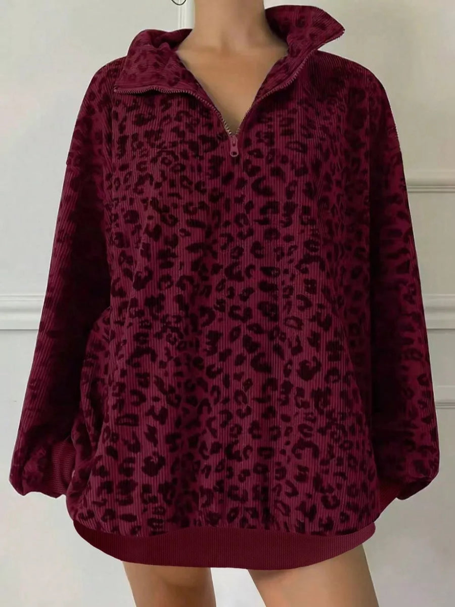 Leopard Print Quarter-zip Sweatshirt in charcoal with zipper