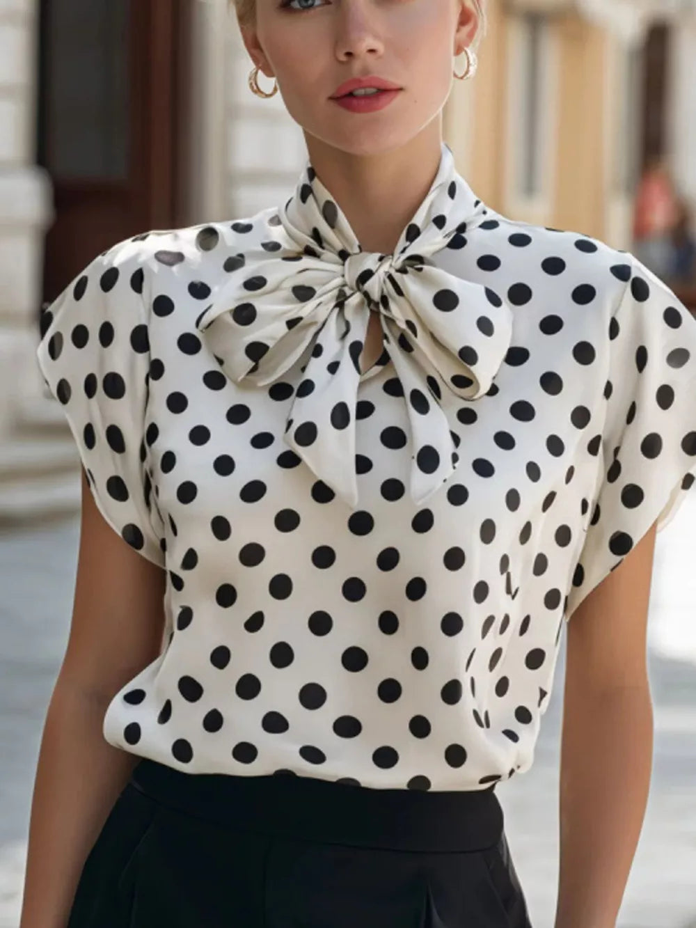 ivory blouse with polka dot and collared