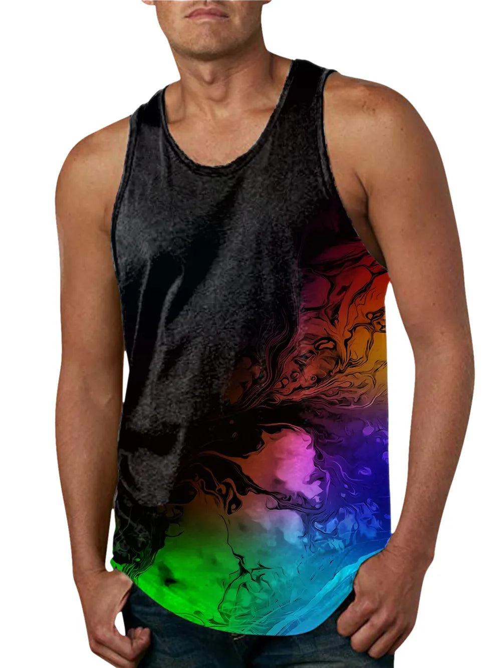 Men's black tank top with bold abstract colorful print