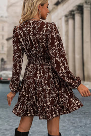 Coffee Brown, Ditsy Floral Print Split Neck Mini Dress in Coffee Brown