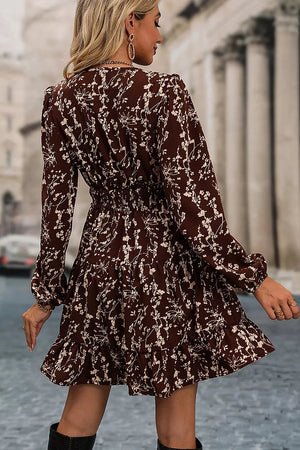 Coffee Brown, Ditsy Floral Print Split Neck Mini Dress in Coffee Brown