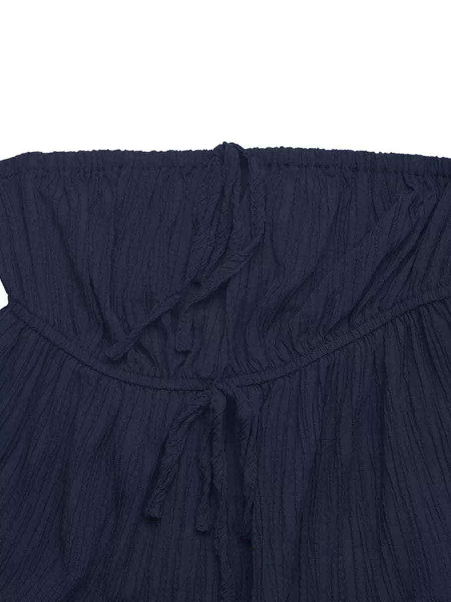 Navy ruffled peplum tube top and wide-leg pants set with drawstring detail