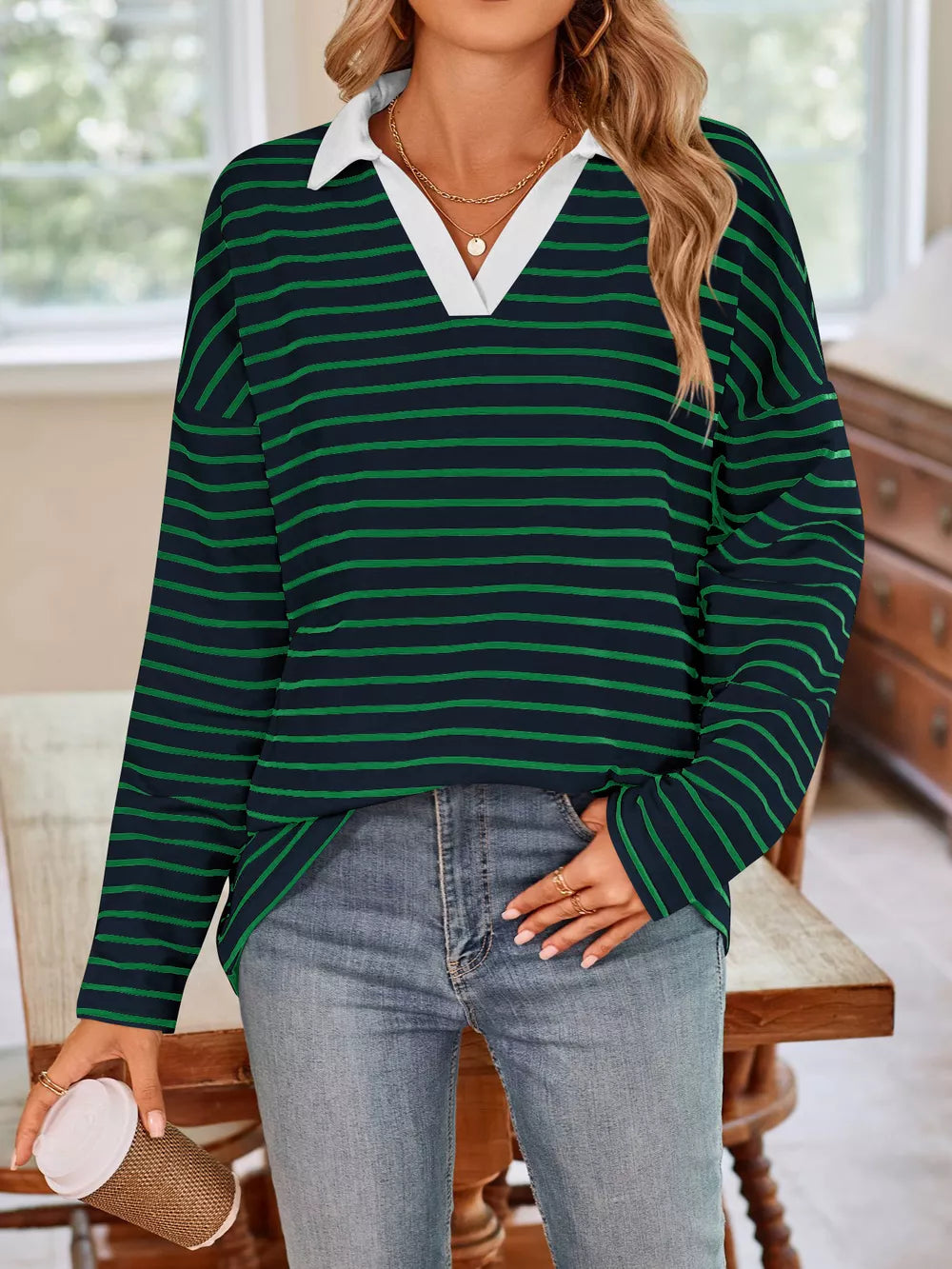 black t-shirt with pullover and striped