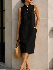 Black Button Detail Sleeveless Midi Dress
