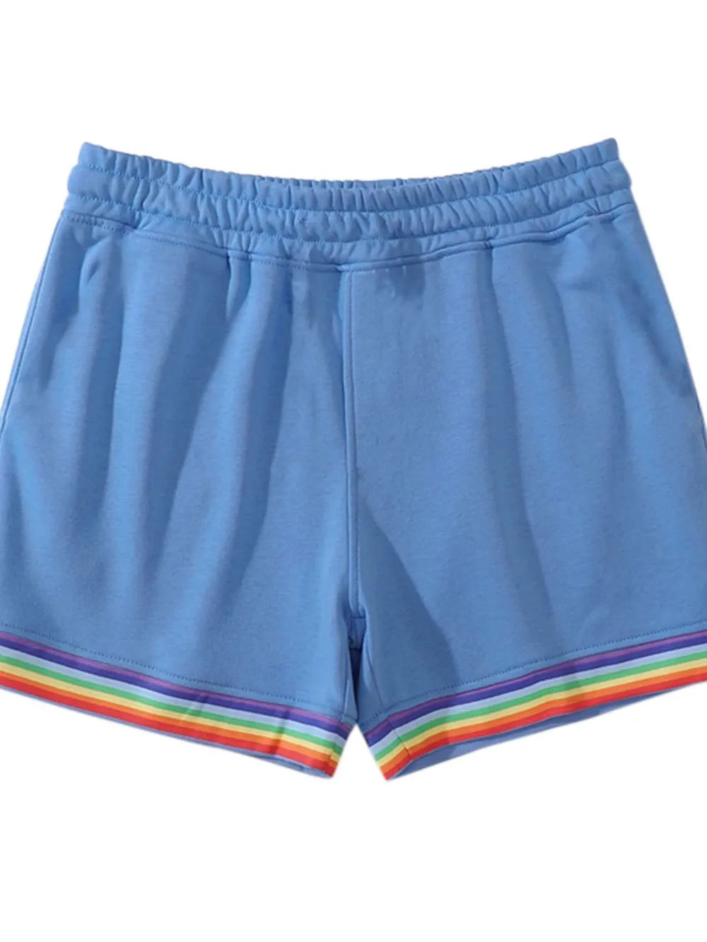 Blue lounge shorts with rainbow trim detail and elastic waistband