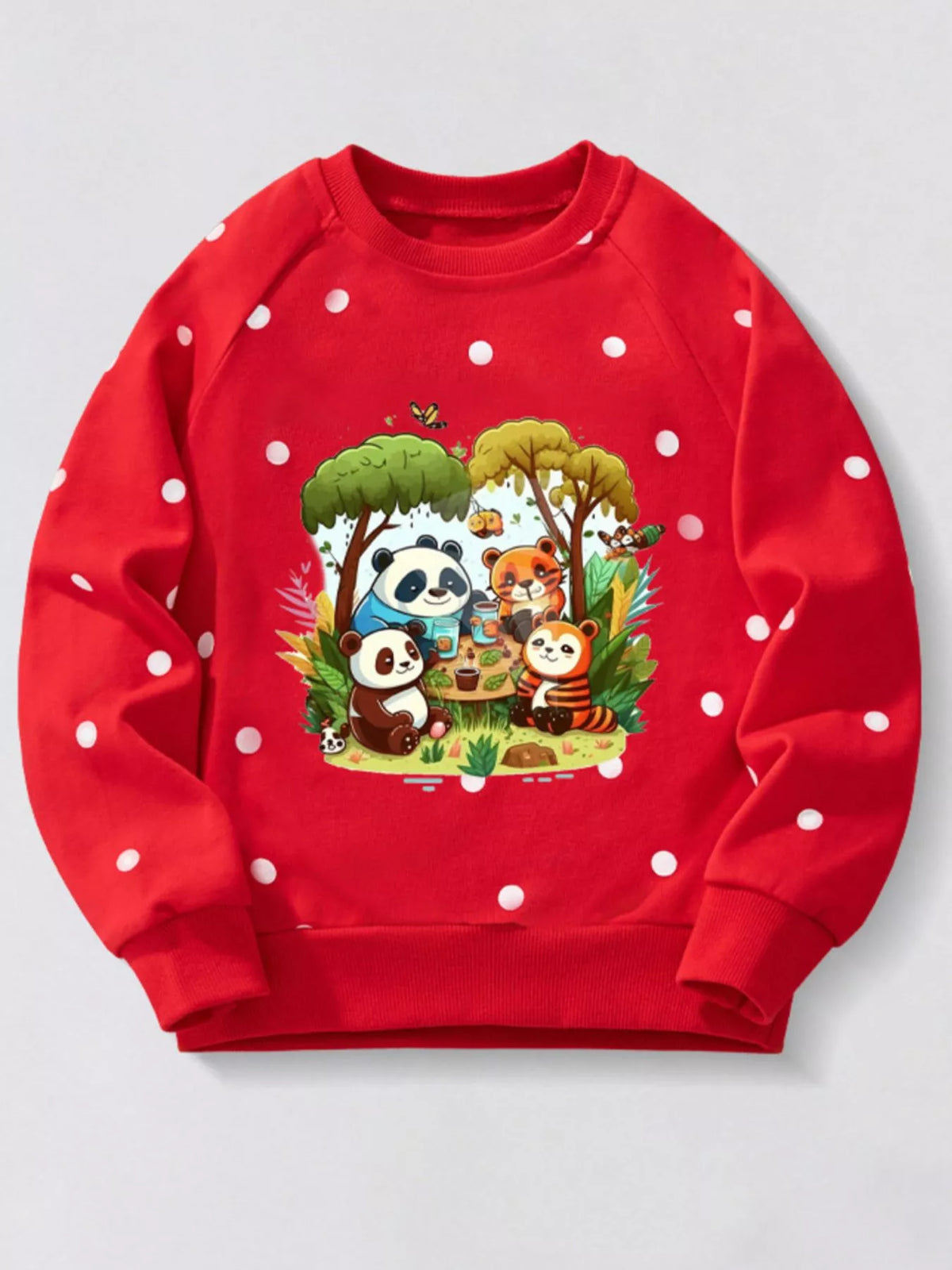 Red cotton sweatshirt with white polka dots and a cute cartoon animal picnic print.