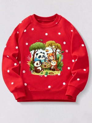 Red cotton sweatshirt with white polka dots and a cute cartoon animal picnic print.