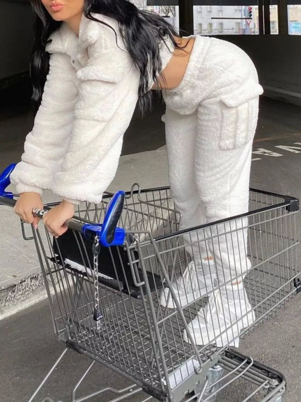 Cozy Plush Crop Top And Cargo Pants Set in White