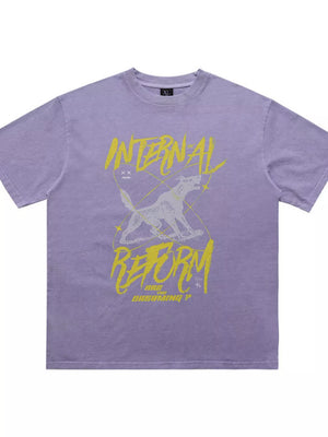 Men's light purple cotton t-shirt with a howling wolf graphic and "INTERNAL REFORM" text.