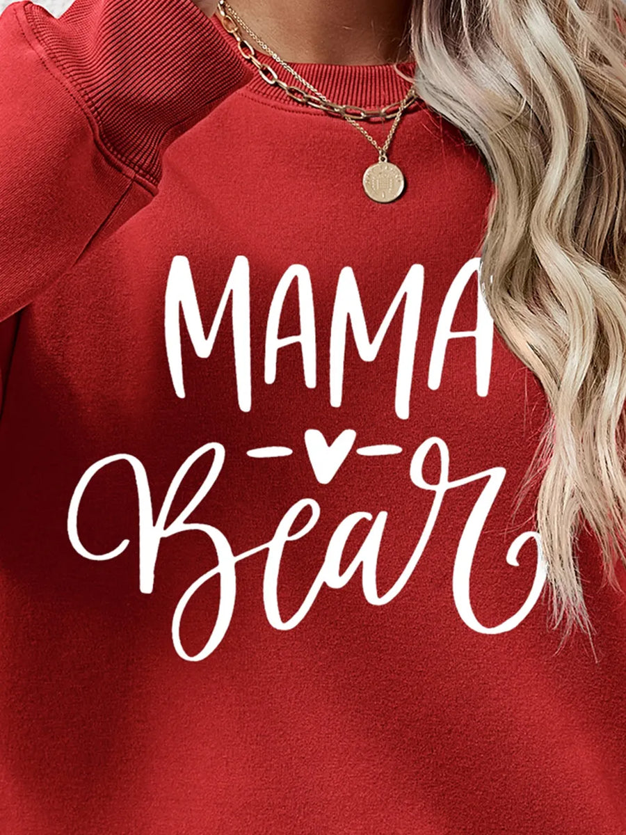 Mama Bear graphic sweatshirt in Deep Red with white script text, crewneck, casual style.