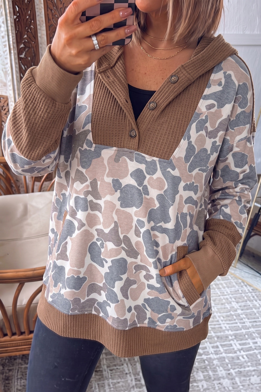 light pink hoodie featuring hooded and camo