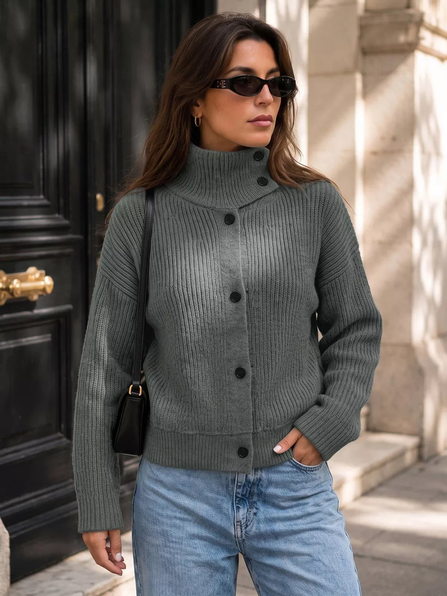 classic cardigan in charcoal with turtleneck