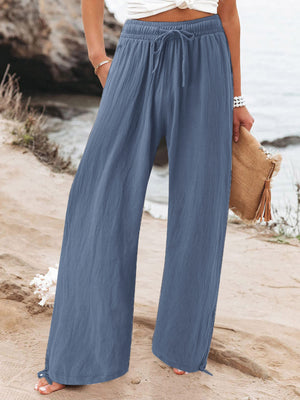Black Full Size Drawstring Wide Leg Pants Plus Size