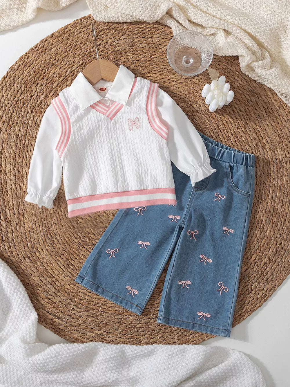 White Children's Long Sleeve Shirt & Knit Vest And Jeans Set