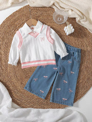 White Children's Long Sleeve Shirt & Knit Vest And Jeans Set
