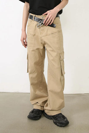 Khaki wide-leg cargo pants with multiple pockets and a relaxed fit.