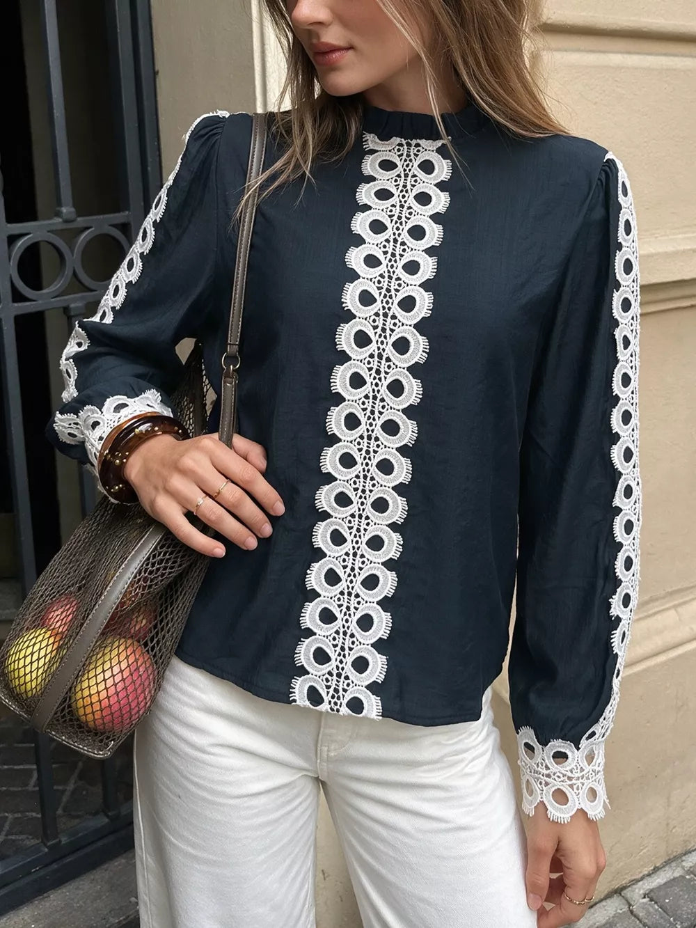 blouse in navy blue featuring lace detail and regular fit