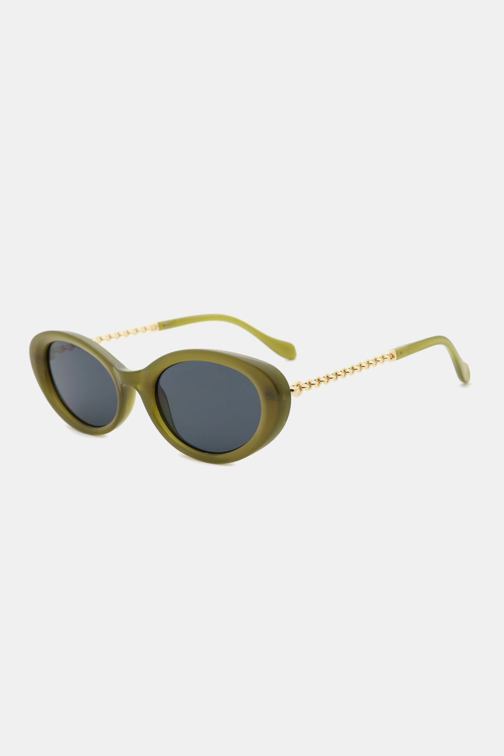 Olive oval sunglasses with gold chain detail on the arms