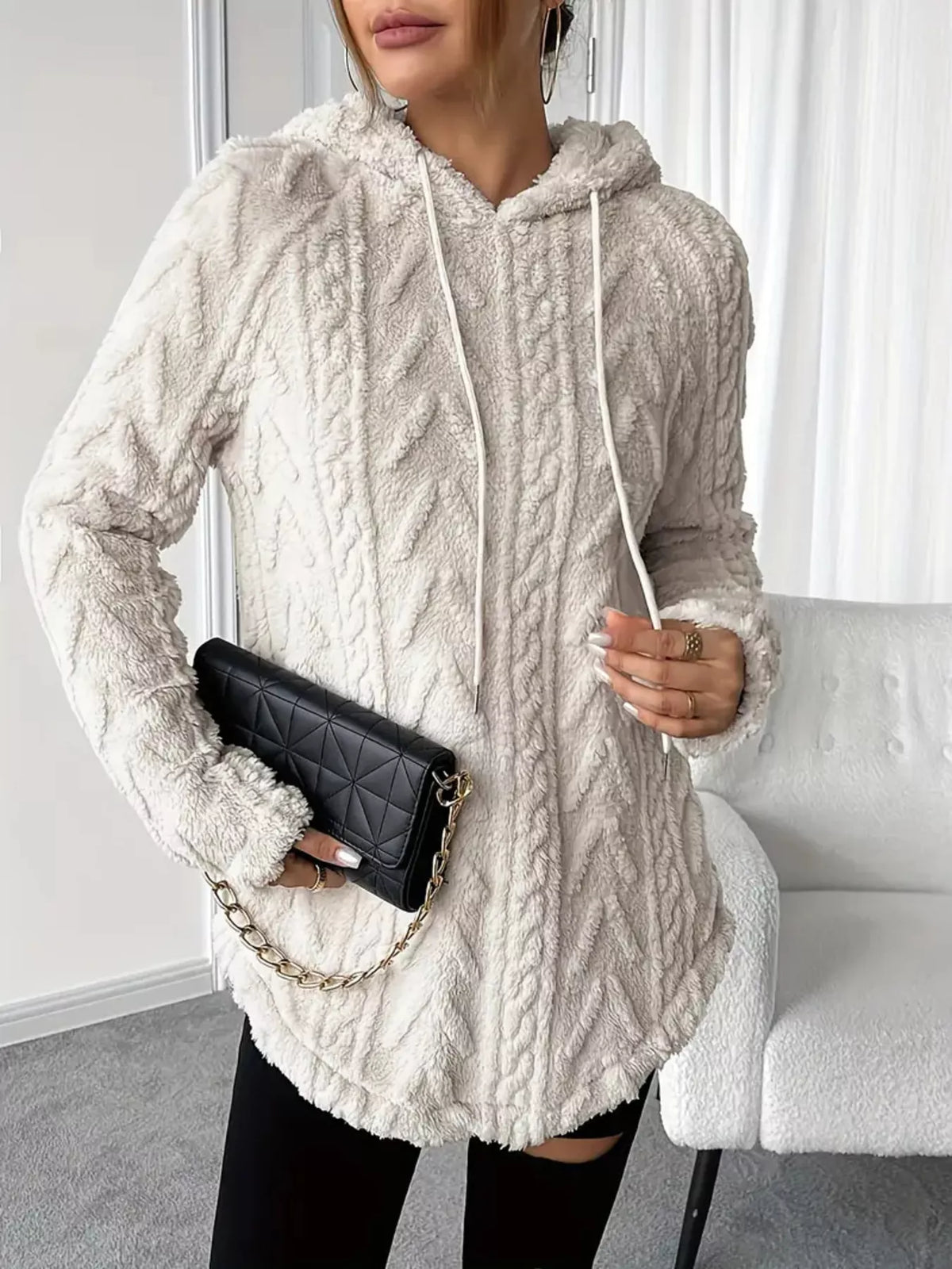 Textured drawstring fleece hoodie in gray/white with cable knit pattern and a relaxed fit.