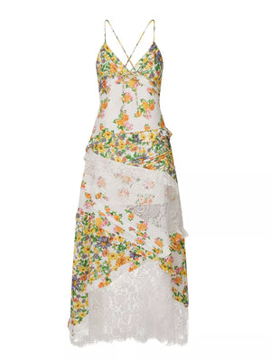 Floral lace maxi dress with ruffles and a white floral print.