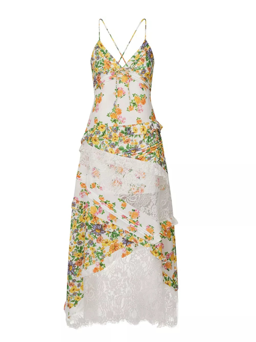 Floral lace maxi dress with ruffles and a white floral print.
