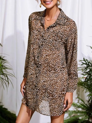 Leopard print oversized button-up maternity shirt with a collared neckline and long sleeves.