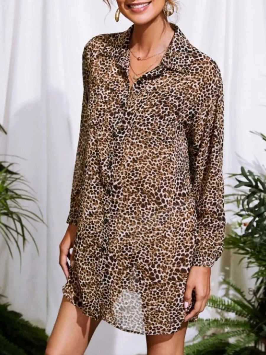 Leopard print oversized button-up maternity shirt with a collared neckline and long sleeves.