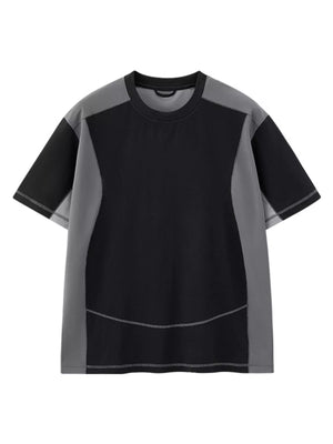 Black and grey t-shirt with contrast stitching and a relaxed fit.