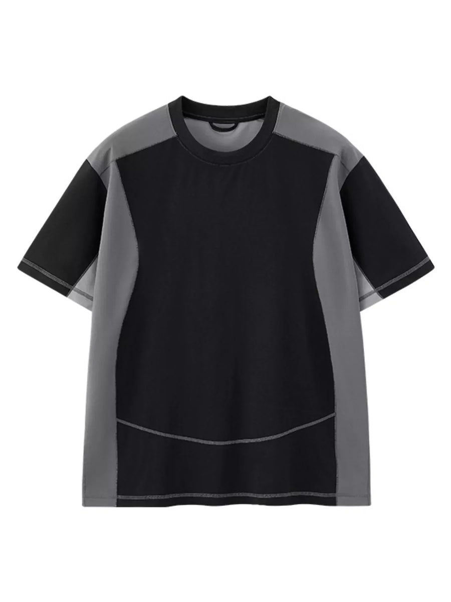 Black and grey t-shirt with contrast stitching and a relaxed fit.