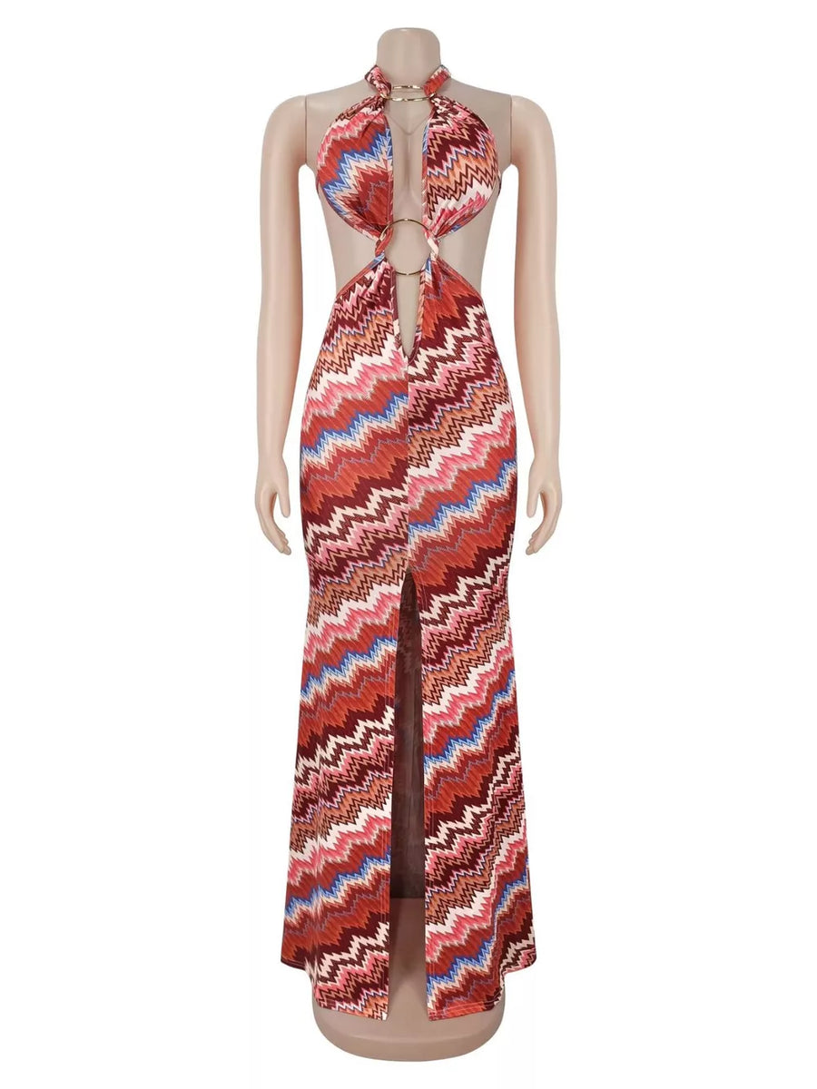 maxi dress in terracotta with chevron and cutout