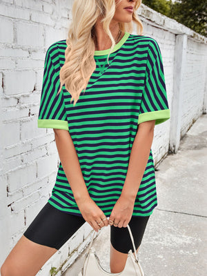 Green and navy striped Breton tee with lime trim and crew neck.