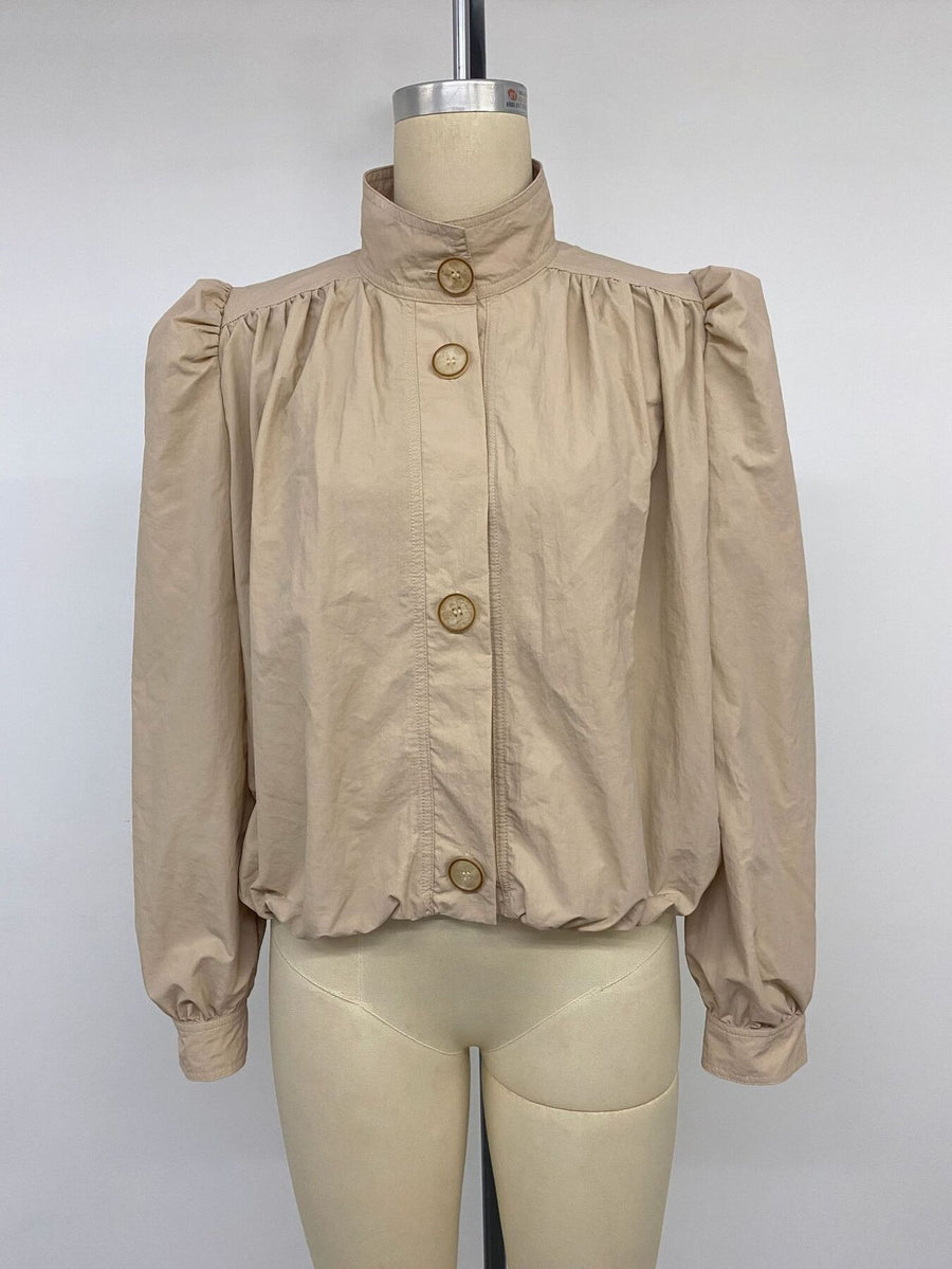 Button-Down Puff-Sleeve Jacket in Light Khaki Color with buttoned