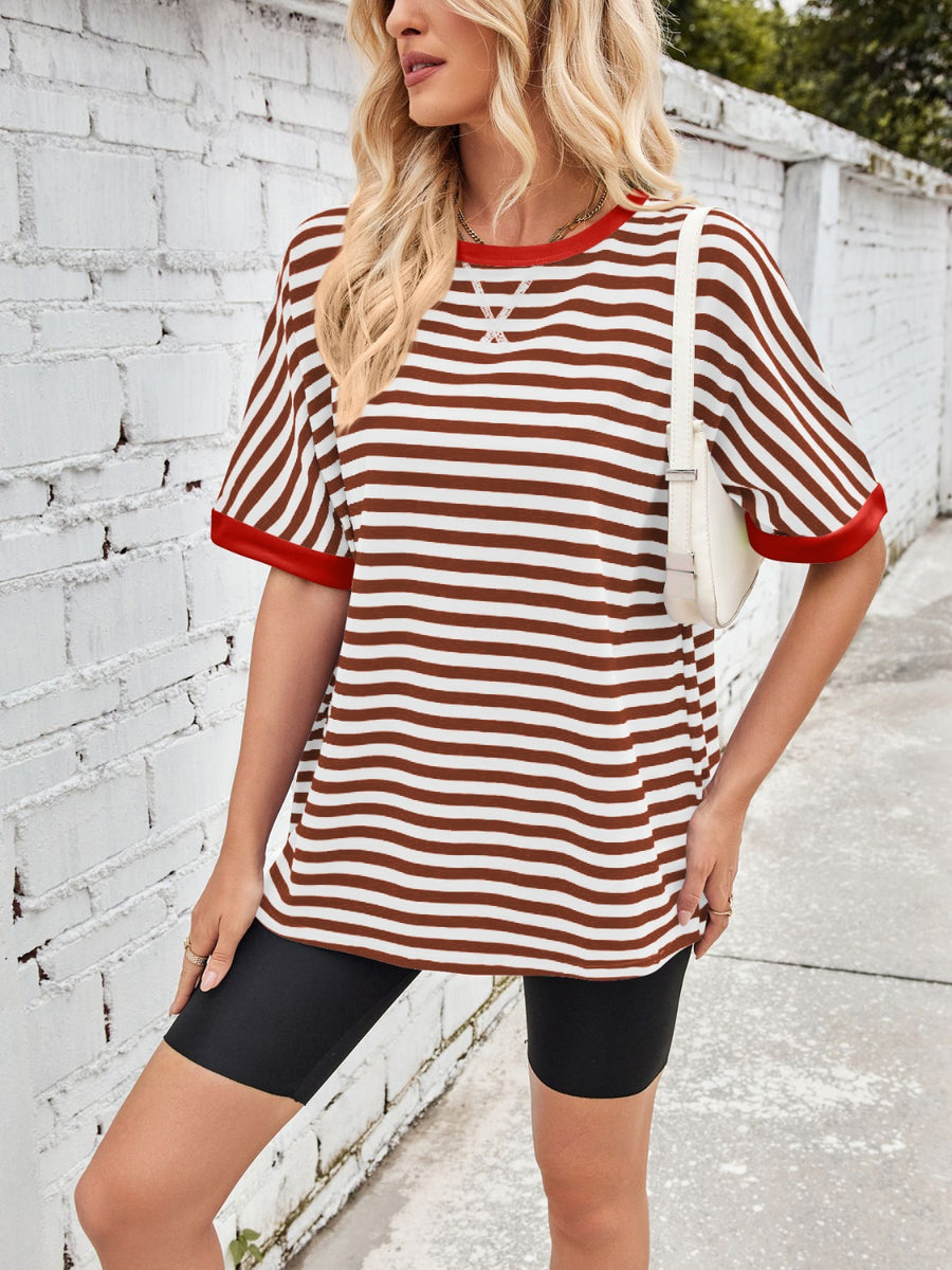 Striped Breton tee with red trim and white contrast stitching at neckline.