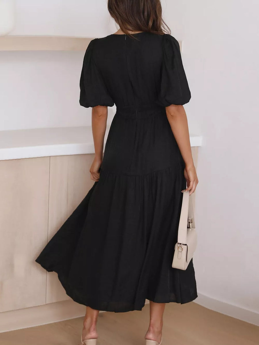 Tan Elegant Puff Sleeve V-neck Midi Dress
