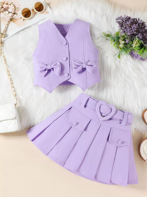 Purple baby vest with bowknot details and pleated skirt with heart buckle belt