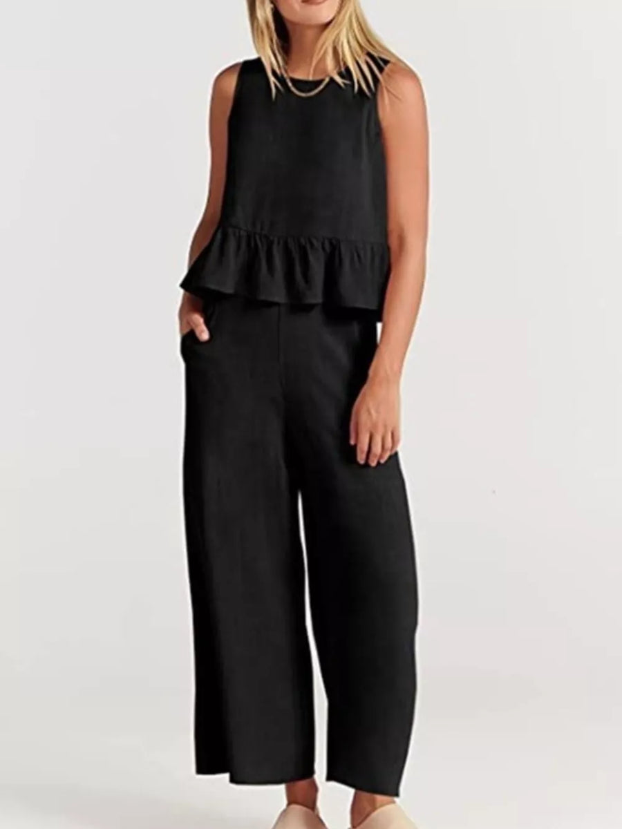 Ruffled Hem Sleeveless Top And Wide-leg Pants Set Plus Size in Orange