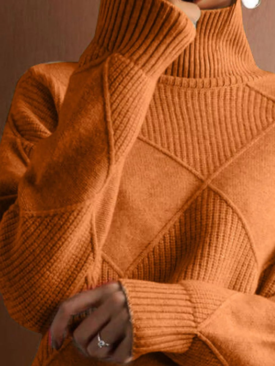Argyle Pattern Turtleneck Sweater in Tangerine with ribbed