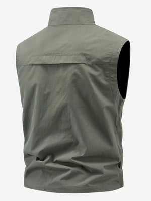 Men's khaki outdoor vest with stand collar and back yoke detail