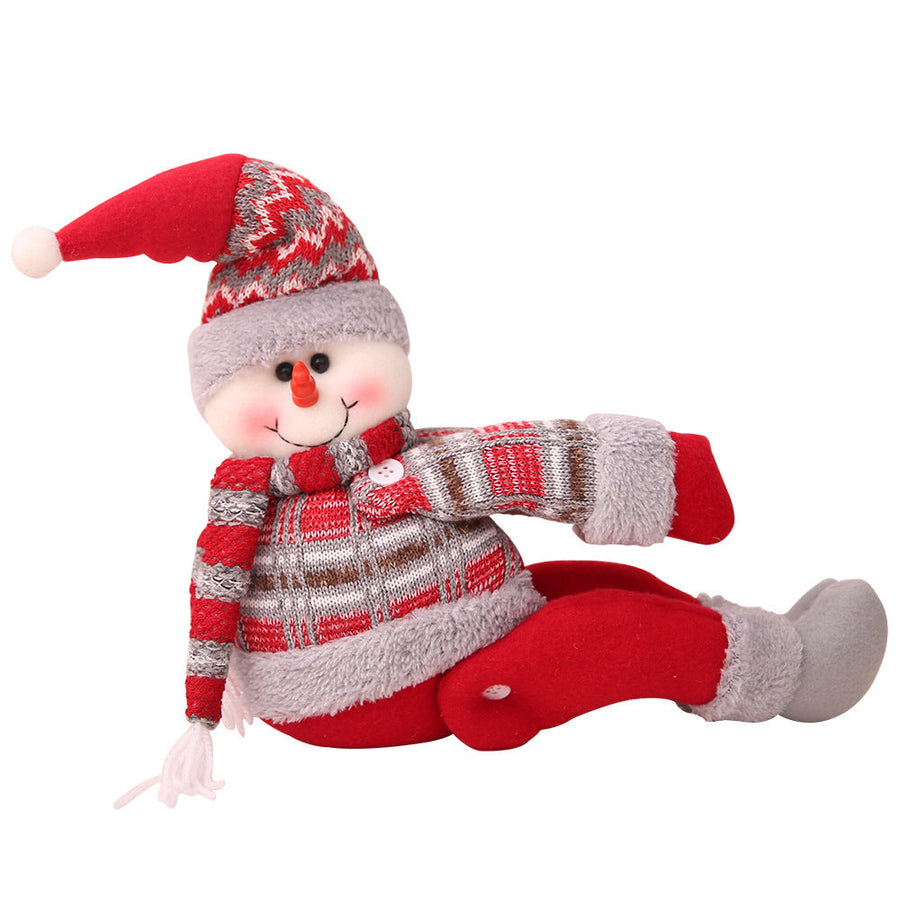Snowman curtain tieback with red and gray plaid sweater and scarf.
