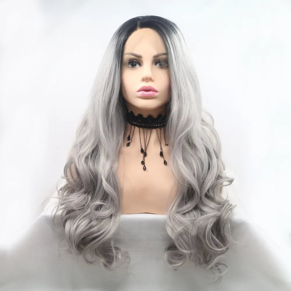 Voluminous lace front wig with black to silver ombre, long wavy style.