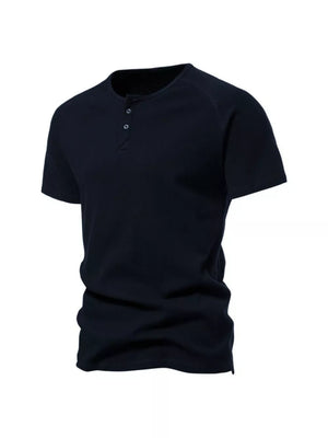 Men's Deep Navy Blue Cotton Henley T-Shirt with button detail