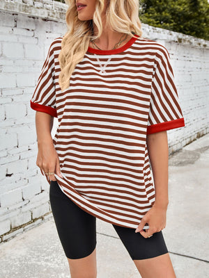 Striped Breton tee with red trim and contrast stitching detail on neckline.