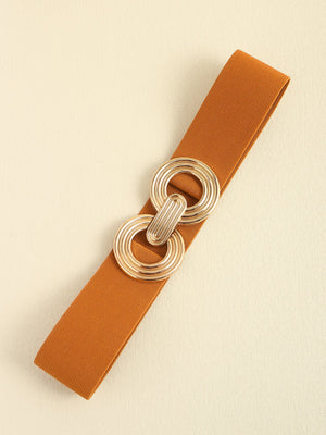 Caramel stretch belt with interlocking gold circle buckle detail