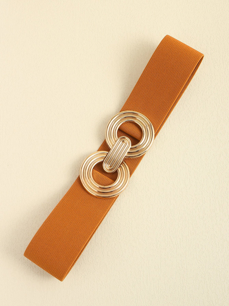 Caramel stretch belt with interlocking gold circle buckle detail