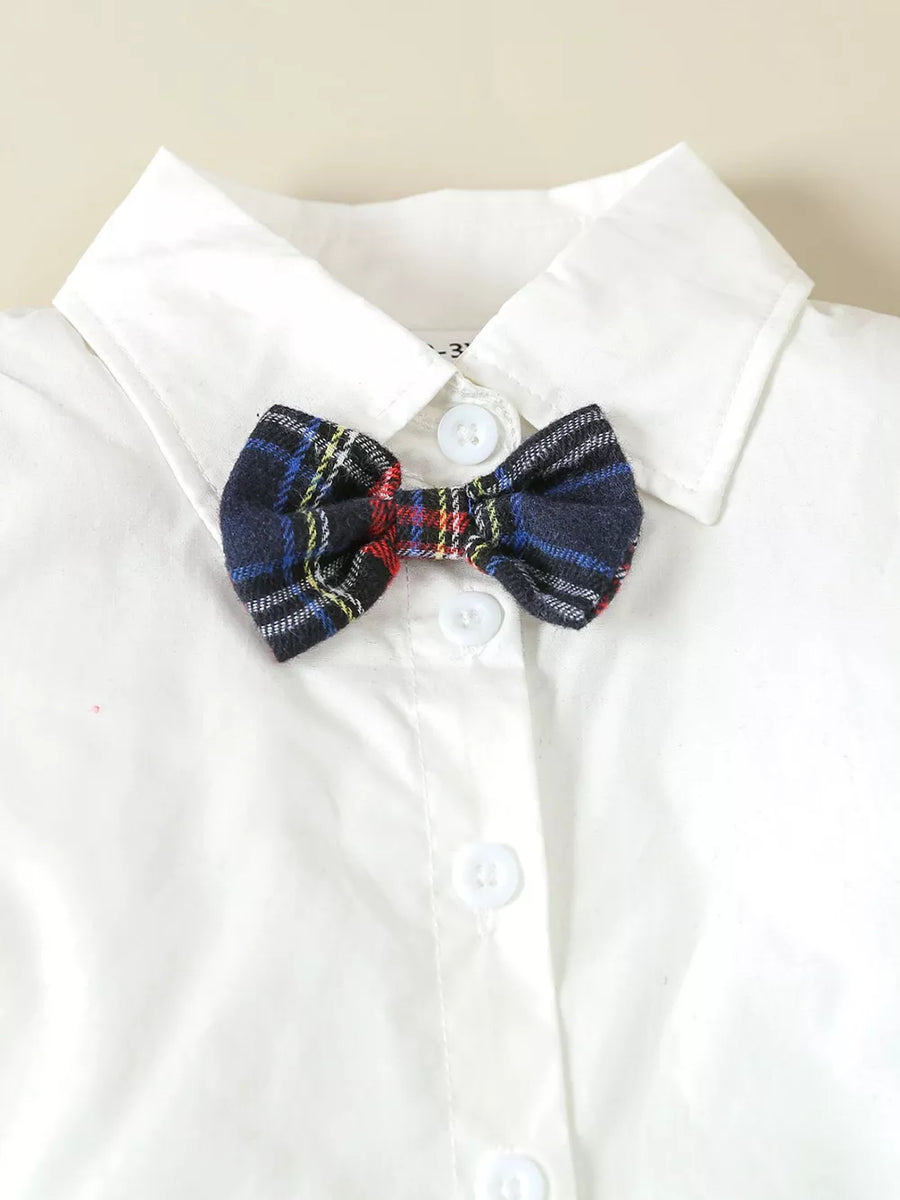 Children's Button Up Long Sleeve Shirt And Suspender Set in White