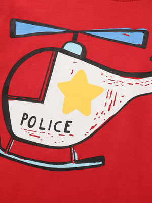 Red cotton toddler t-shirt with playful police helicopter graphic and yellow star detail.
