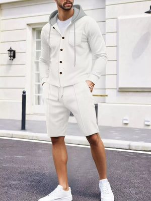 White Men's Casual Hooded Button-up Shirt And Shorts Set