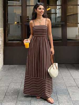 Brown striped maxi dress with smocked detail and cutout, spaghetti straps